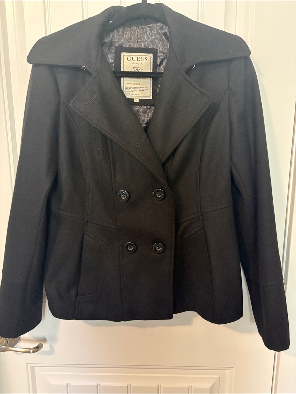 GUESS by Marciano Black Wool Blend Peacoat Double Breasted Coat L